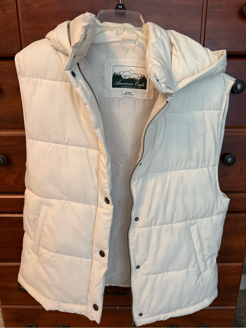 American Eagle Cream Hooded Puffer Vest